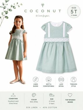 Coconut by Corte Inglés Mint Linen Lace Dress EUC 5T